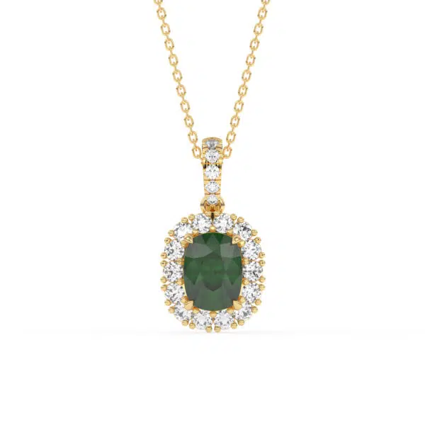 GEMSSY-AAAA Zambian Emerald With Natural Diamond (SI-G/H) Halo Pendant and Chain in 14k gold.