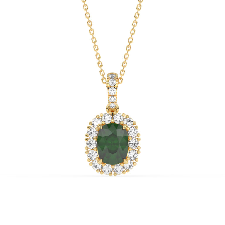 GEMSSY-AAAA Zambian Emerald With Natural Diamond (SI-G/H) Halo Pendant and Chain in 14k gold.