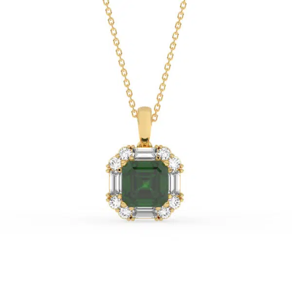 GEMSSY-AAAA Zambian Emerald With Natural Diamond (SI-G/H) Halo Pendant and Chain in 14k gold.