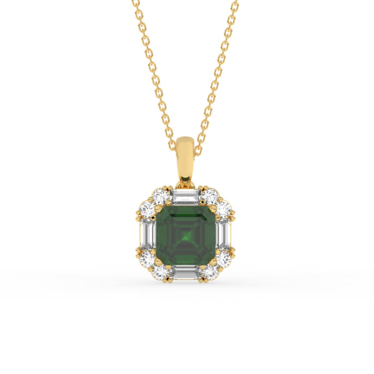 GEMSSY-AAAA Zambian Emerald With Natural Diamond (SI-G/H) Halo Pendant and Chain in 14k gold.