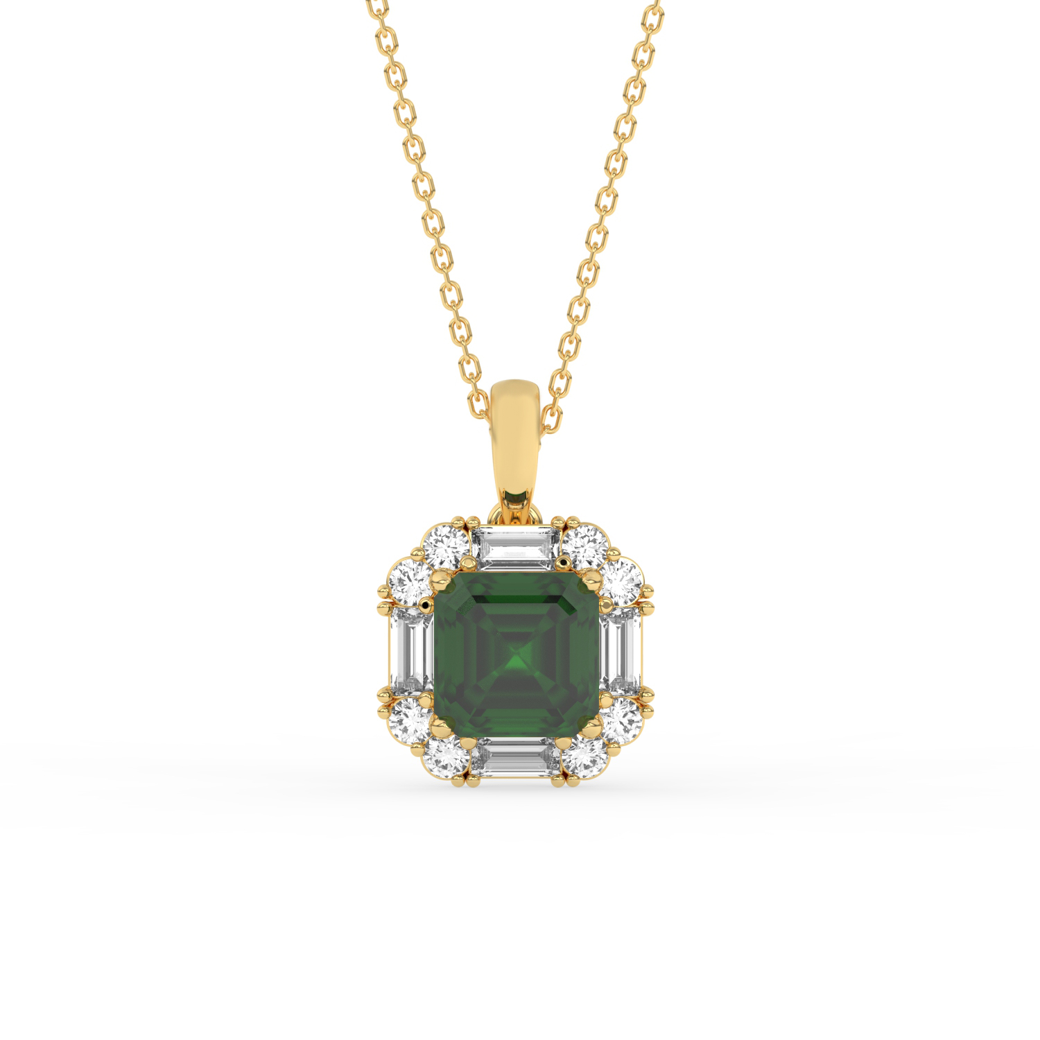 GEMSSY-AAAA Zambian Emerald With Natural Diamond (SI-G/H) Halo Pendant and Chain in 14k gold.