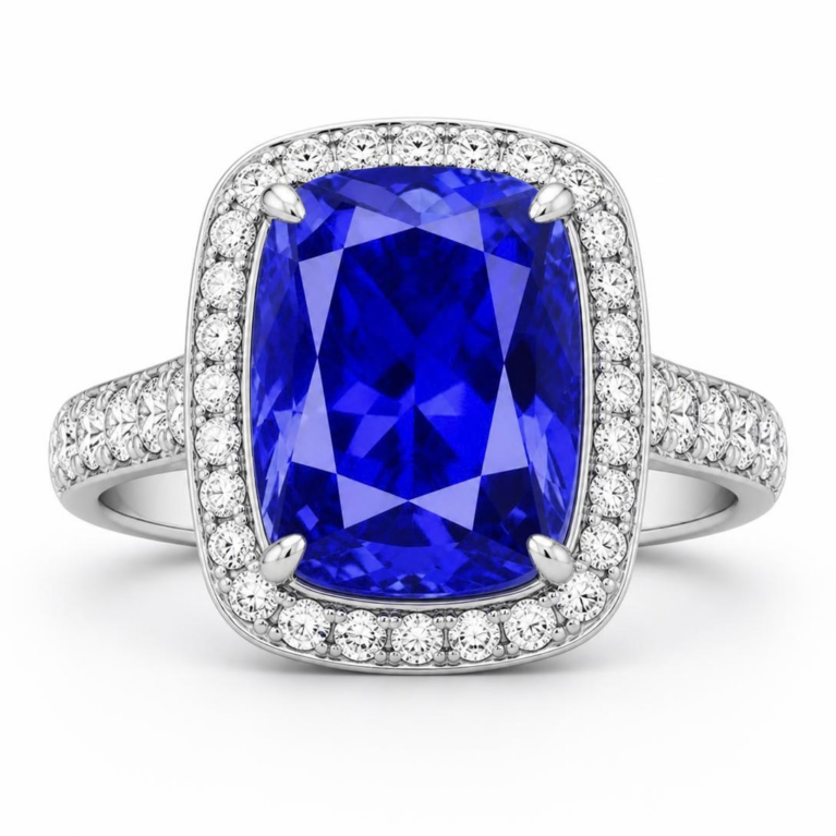 GEMSSY-AAAA Tanzanite With Natural Diamond (VVS-E/F) 7.32ct. Ring in 14k Gold.